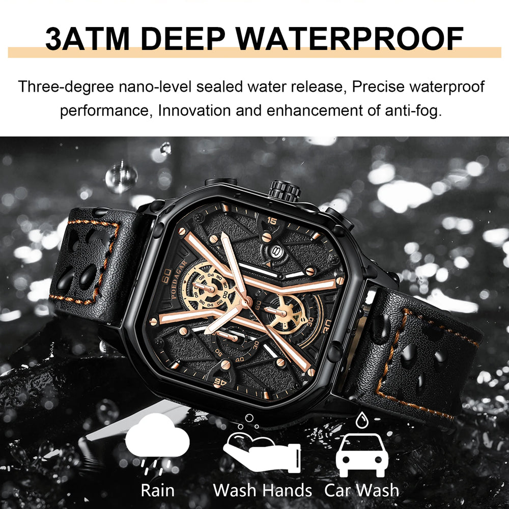 "POEDAGAR Men's Fashion Wristwatch - Luxury Chronograph, Luminous, Waterproof, Date Function, Square Dial, Leather Strap, Quartz Movement"