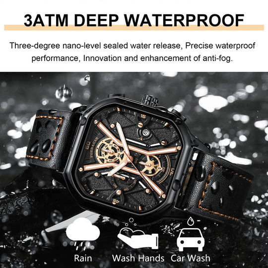 "POEDAGAR Men's Fashion Wristwatch - Luxury Chronograph, Luminous, Waterproof, Date Function, Square Dial, Leather Strap, Quartz Movement"