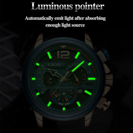 LIGE Luxury Men's Fashion Watch - Chronograph Sport, Quartz Wristwatch, Leather Strap, Waterproof Design"