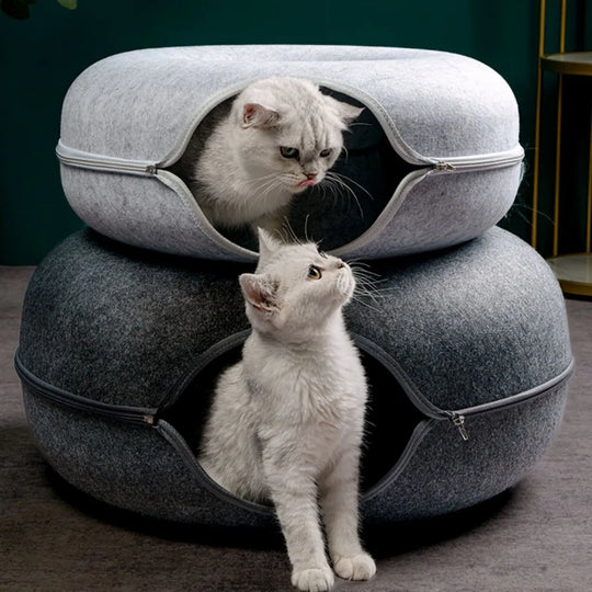 Donut Cat Bed with Interactive Tunnel: Felt Indoor Playhouse and Training Toy for Kittens and Cats - Cozy Pet Kennel Supplies