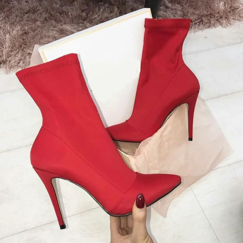 MeBorns New 2024 Women Silk Sock Boots Long High Heel Stretch Stilettos Red Neon Green Ankle Boots Peach Shoes