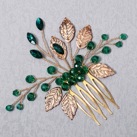 Bride Hairpins Tiaras Rhinestone Green Hair Combs For Women Fashion Beaded Golden Leaf Side Pins Bride Wedding Headpiece Jewelry