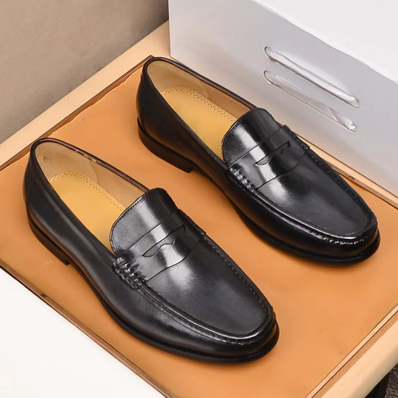 Luxury Men Penny Loafers Genuine Leather Slip On Black Casual Business Dress Shoes Mens Wedding Party Office Fashion Shoes