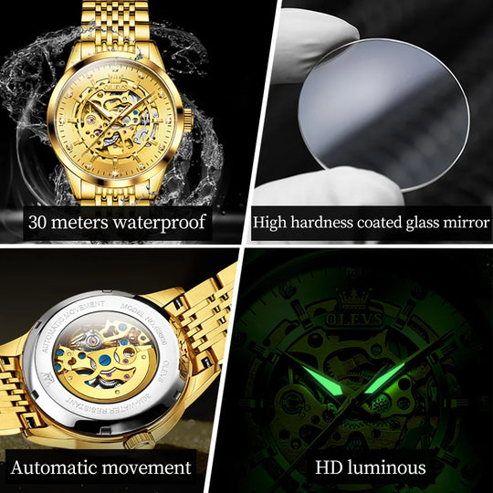 OLEVS Men's Watches Luxury Gold Skeleton Automatic Mechanical Wrist Watch for Man Waterproof Stainless Steel Luminous