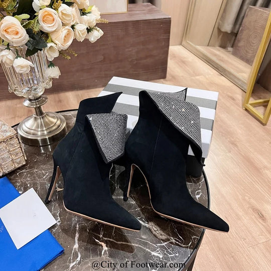 2024 Suede Leather Crystal Ankle Boots Blue\Red\Black Women Pointed Toe Pull on Soft High Heel Luxury Design Shoes