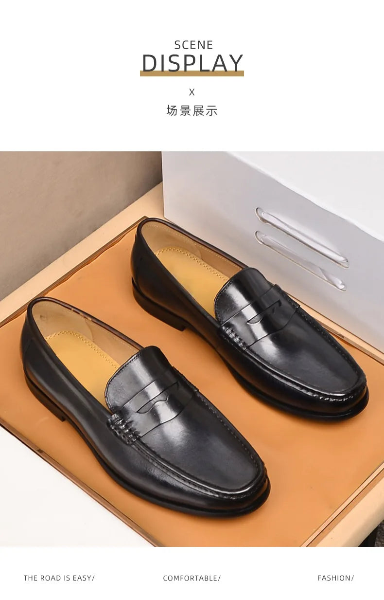 Luxury Men Penny Loafers Genuine Leather Slip On Black Casual Business Dress Shoes Mens Wedding Party Office Fashion Shoes