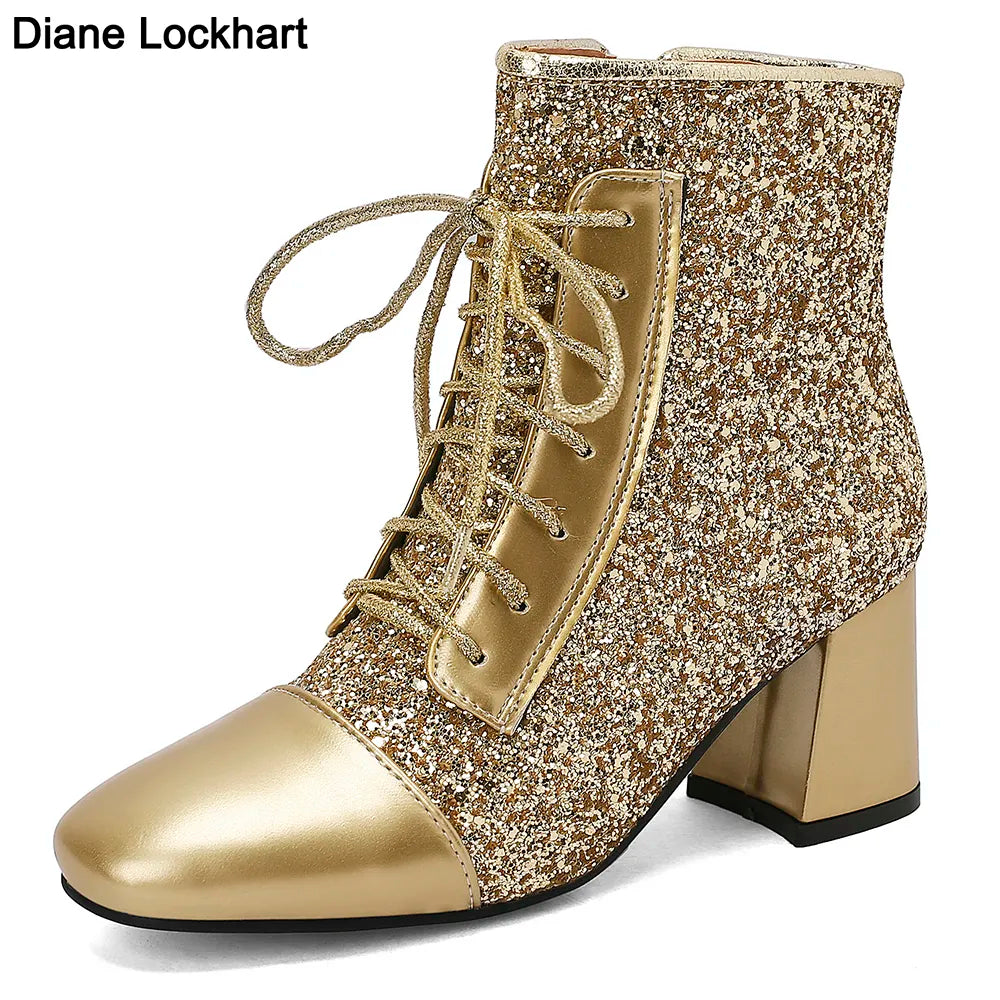 Diane Lockhart Lace Up Ankle Boots  Leather High Heels  Booties Gold Silver Fasion Boots