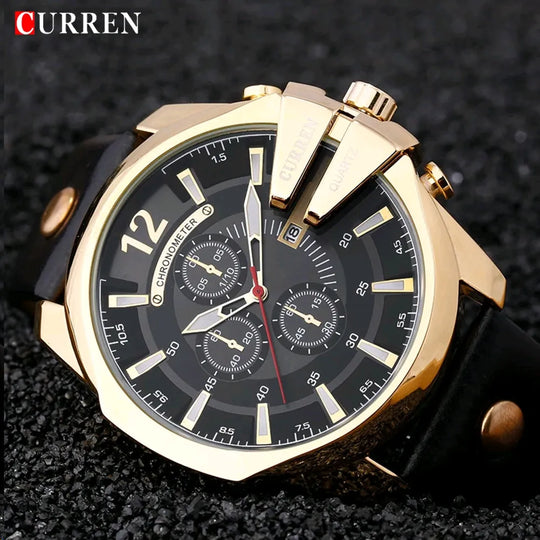 "Curren Men's Chronograph Watch - Large Dial, Luxury Gold Design, Fashion Leather Strap, Casual Outdoor Sports Wristwatch