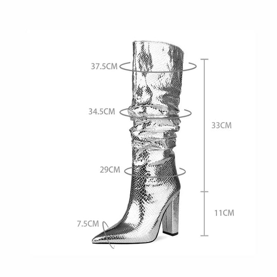 European and American Style Thick Heel High Boots Side Zipper Women's Boots Silver Boots