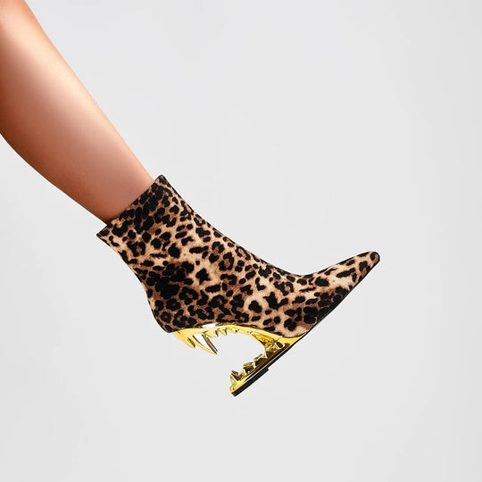 2024 New Leopard Print Pointed Toe High Heel Wolf Teeth Slope Heel Large Women's Boots Short Boots