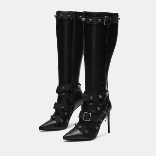 2024 Women's European and American Style Sexy Slim High Heeled Motorcycle Style Boots Women's Versatile Rivet Boots Denim Boots