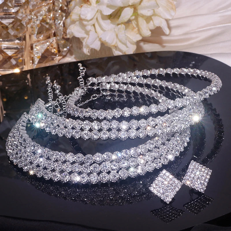 Classic Rhinestone Crystal Choker Necklace Earrings and Bracelet Set for Women Silver Color Bridal Wedding Party Jewelry Sets