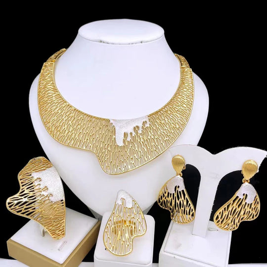 Italy 18k Gold Plated Jewelry Set, Luxury Design Women Necklace Dubai Jewelry Big Earring Bangle B