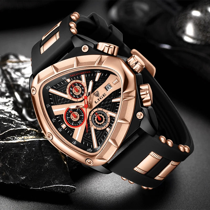 "LIGE Triangle Men's Watch - Sporty Army Style, Luxury Waterproof Quartz, Chronograph Military Wristwatch"