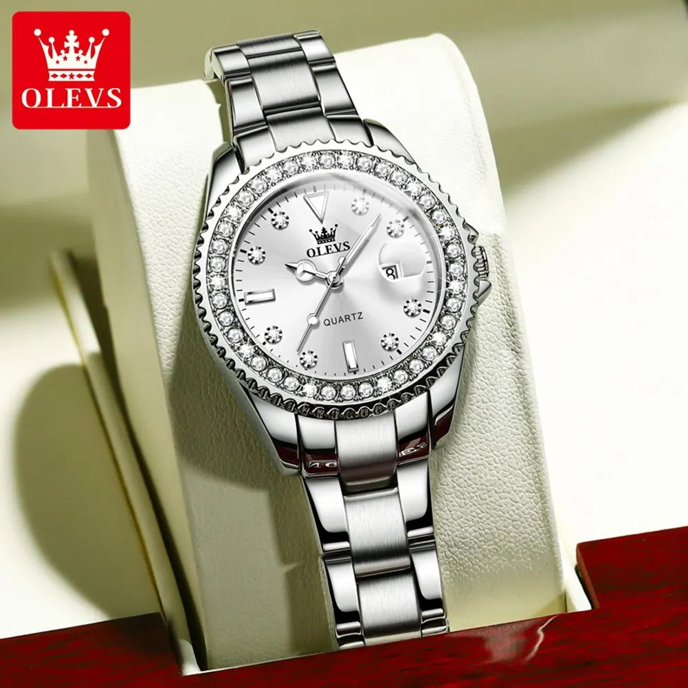 "OLEVS Women's Quartz Watch - Original Diamond Dial, Fashionable and Elegant, Stainless Steel, Waterproof Wristwatch for Ladies"