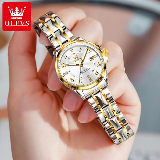 "OLEVS Elegant Women's Watch - Original Quartz, Stainless Steel, Waterproof, Luminous Date Feature, Fashionable Temperament Design"