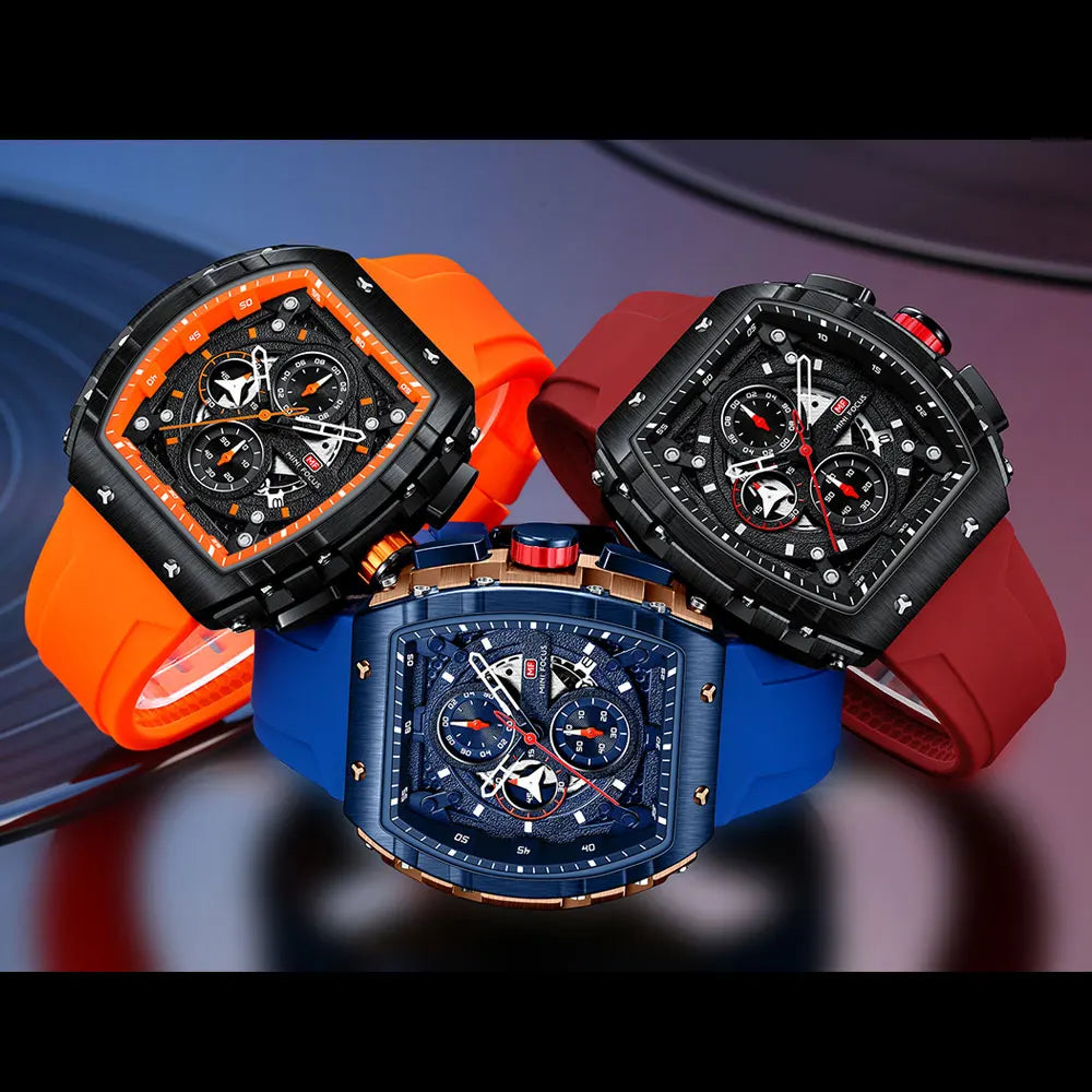 MINI FOCUS Sport Chronograph Quartz Watch for Men Fashion Blue Silicone Strap Tonneau Dial Wristwatch  Waterproof