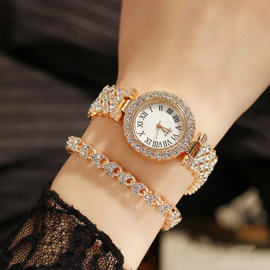 "2024 Women's Watch Set -  Luxury Brand, Watch and Bracelet Combo, Diamond and Rose Band"