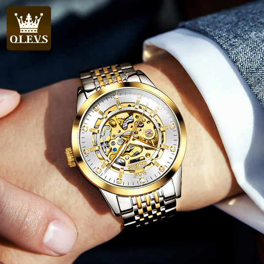 OLEVS Men's Watches Luxury Gold Skeleton Automatic Mechanical Wrist Watch for Man Waterproof Stainless Steel Luminous