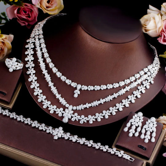 4pcs Full Luxury Multi Layered Triple Big Necklace Dubai Nigerian Wedding Jewelry Sets for Brides