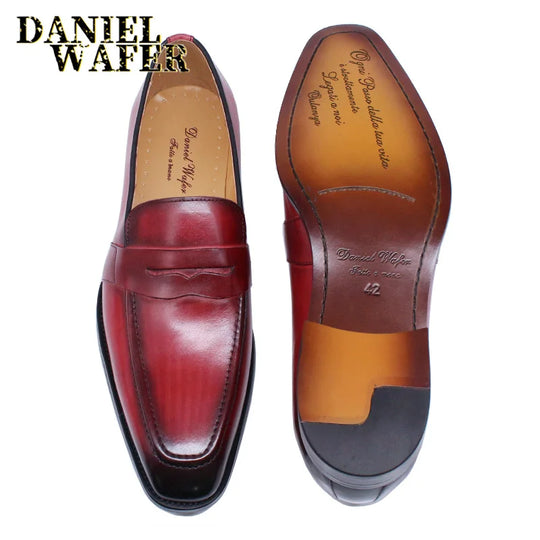 Men's Penny Loafers, Genuine Leather Slip-On, Red and Black Casual Business Dress Shoes, Fashionable Office Footwear