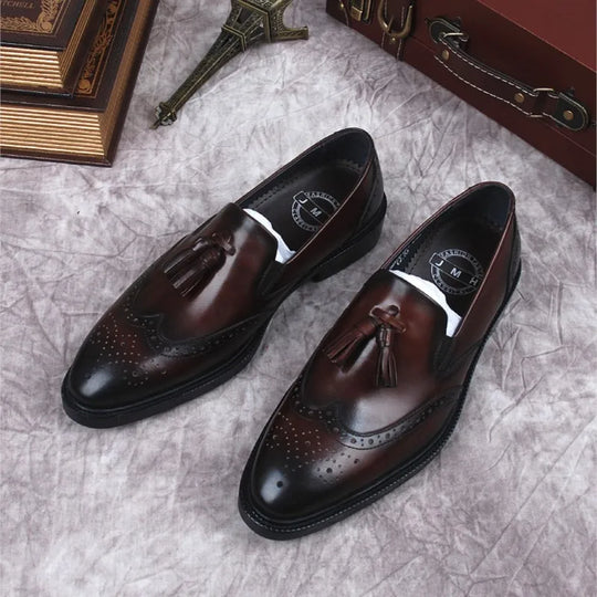 Men's Loafers in Black and Brown, Genuine Leather with Handmade Slip-On Design, Formal Dress Shoes with Luxury Tassels, Brogue Style