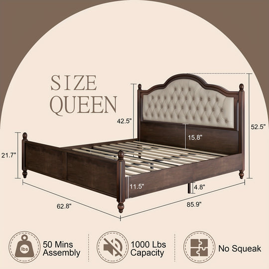 Queen Size Solid Platform Wood Bed Frame, Transitional Platform Bed with 52.5" Upholstered Tufted Headboard, Wood Slats, No Box Spring Needed, Easy Assembly Walnut