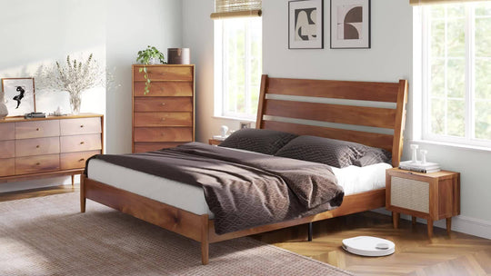 Solid Wood Bed Frame, Mid Century Platform Bed with Reclining Slatted Headboard, Wood Slat Support/No Box Spring Needed/Noise Free