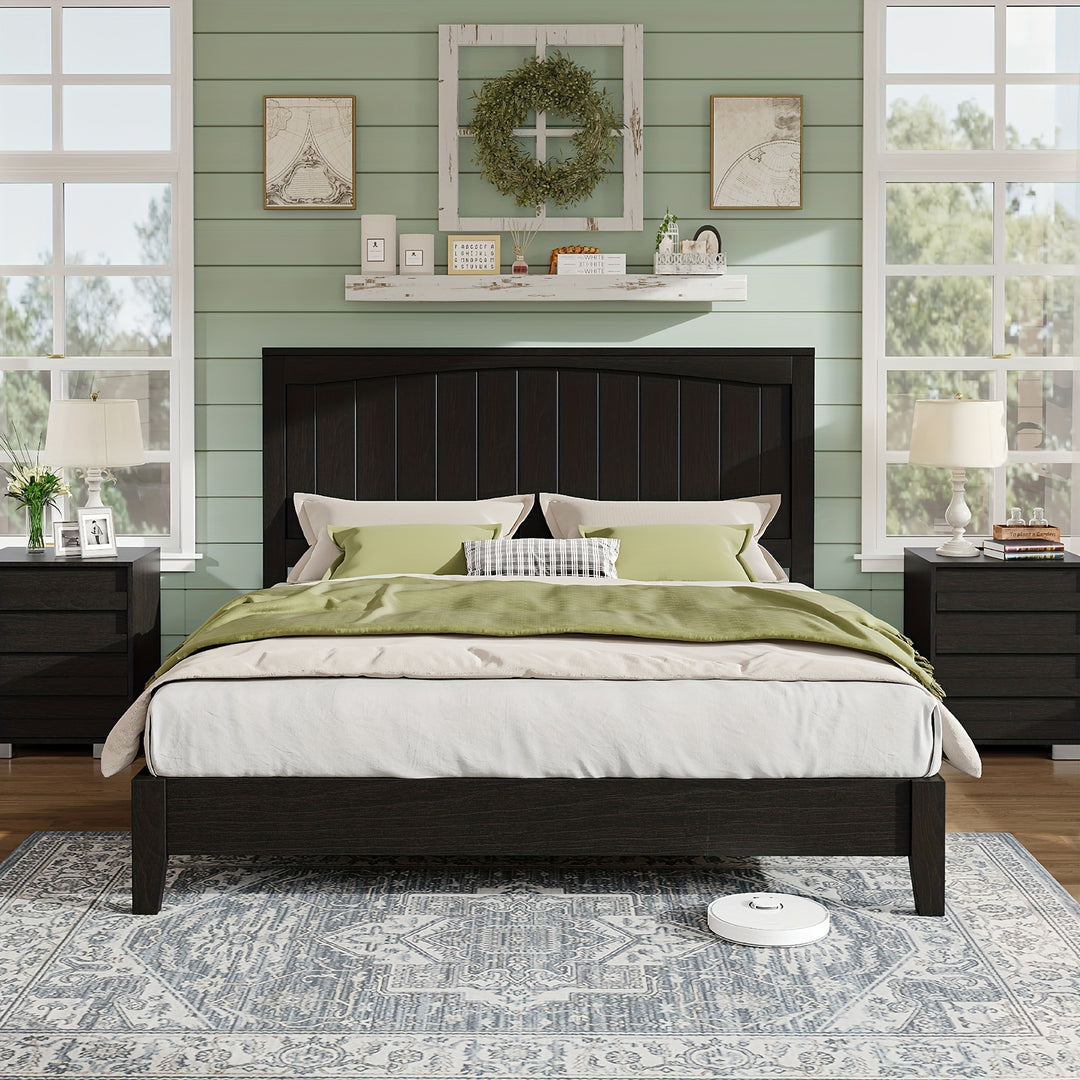 Mid-Century Modern Solid Wood Platform Bed Frame With Arched Headboard, Noise-Free Design, No Box Spring Required