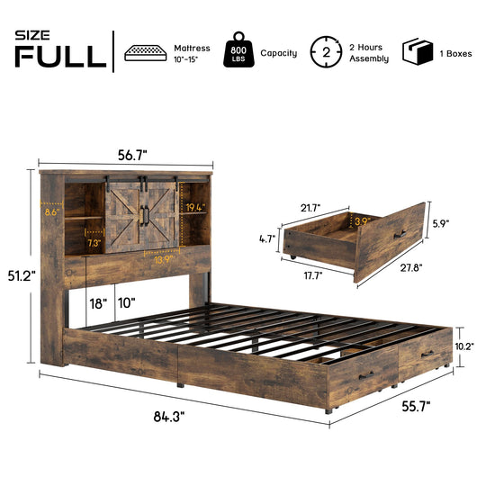 Farmhouse-Style Wooden Platform Bed Frame Boasting a 51.2" Bookcase Headboard, Integrated Storage with a Sliding Barn Door Charging Station and 2 Drawers - No Box Spring Required, Totally Noise-Free