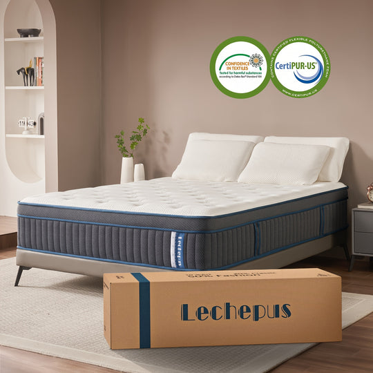 1pc Queen Size, Lechepus 14 Inch Medium Plush Hybrid Mattress, Gel Memory Foam & Pocket Springs, Fiberglass Free, Back Pain Relief, Comfort Bed In Box