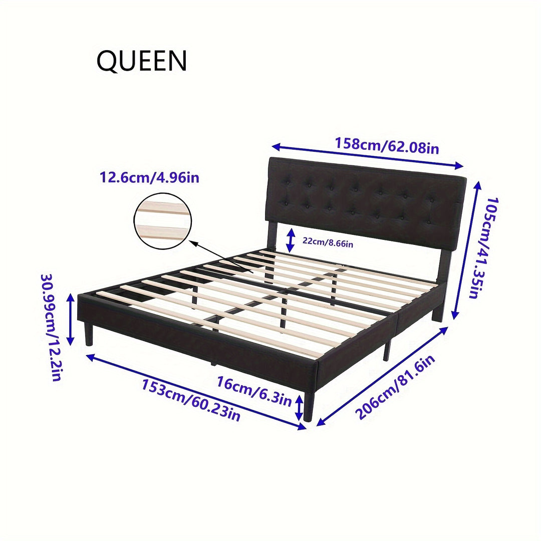 1pc Alazyhome Queen Size Upholstered Platform Bed Frame with Button Tufted Velvet Headboard, Fabric Material, Wood Slat Support, Easy Assembly, No Box Spring Needed - Contemporary Design