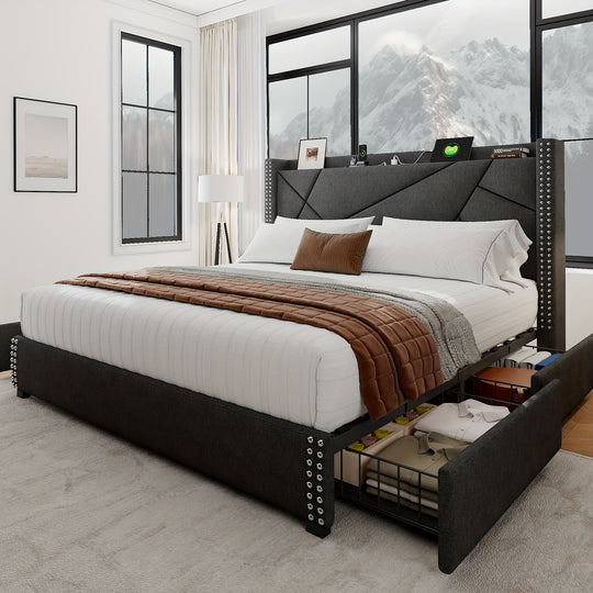 Upholstered Bed Frame with Storage Drawers, Charging Station, Wingback Headboard, No Box Spring Needed