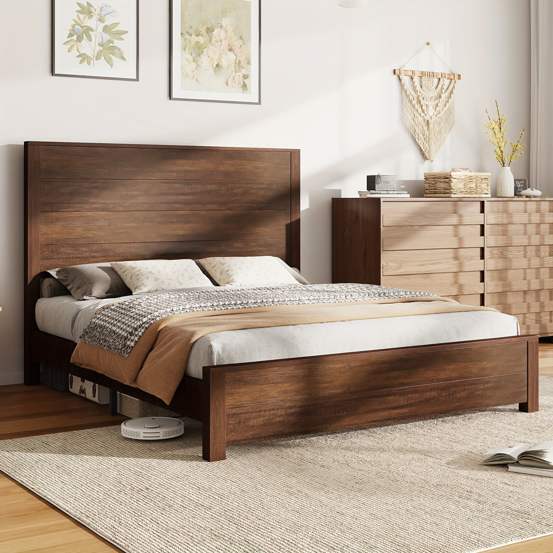 Rustic Solid Wood Platform Bed Frame With Spliced Headboard, Noise-Free Slat Support, No Box Spring Needed