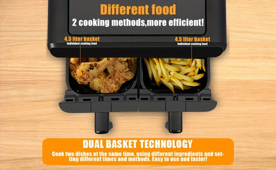 1800W 9L Double Air Fryer with 2 x 4.5L Independent Baskets, Dual Zone Family Size Healthy Oil-free Air Fryer Oven, Cookbook, 10 Presets & Digital LED Display