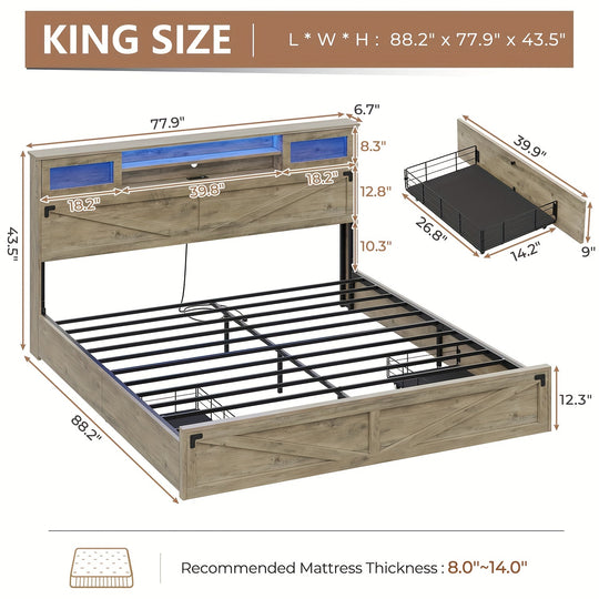 Farmhouse Platform Bed Frame With Drawers And Storage Shelves, King Metal Bed With LED Lights And Power Outlets, Oak Grey