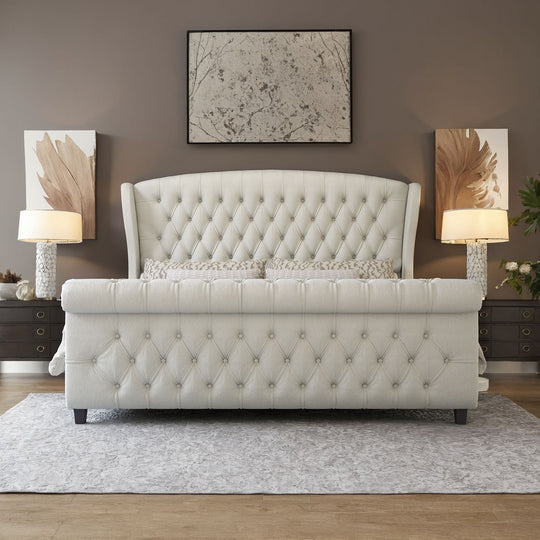 Luxurious Chenille-Upholstered Platform Bed Frame Collection: Ornamented with Scroll-Patterned Wingback Headboard & Matching Footboard, Button-Tufted Finishes, Box Spring-Free Configuration