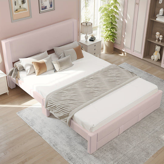 Queen Size Velvet Upholstered Bed Frame with Storage, Wood Platform Bed, 12 Slats, Wheels, Pink, Grey