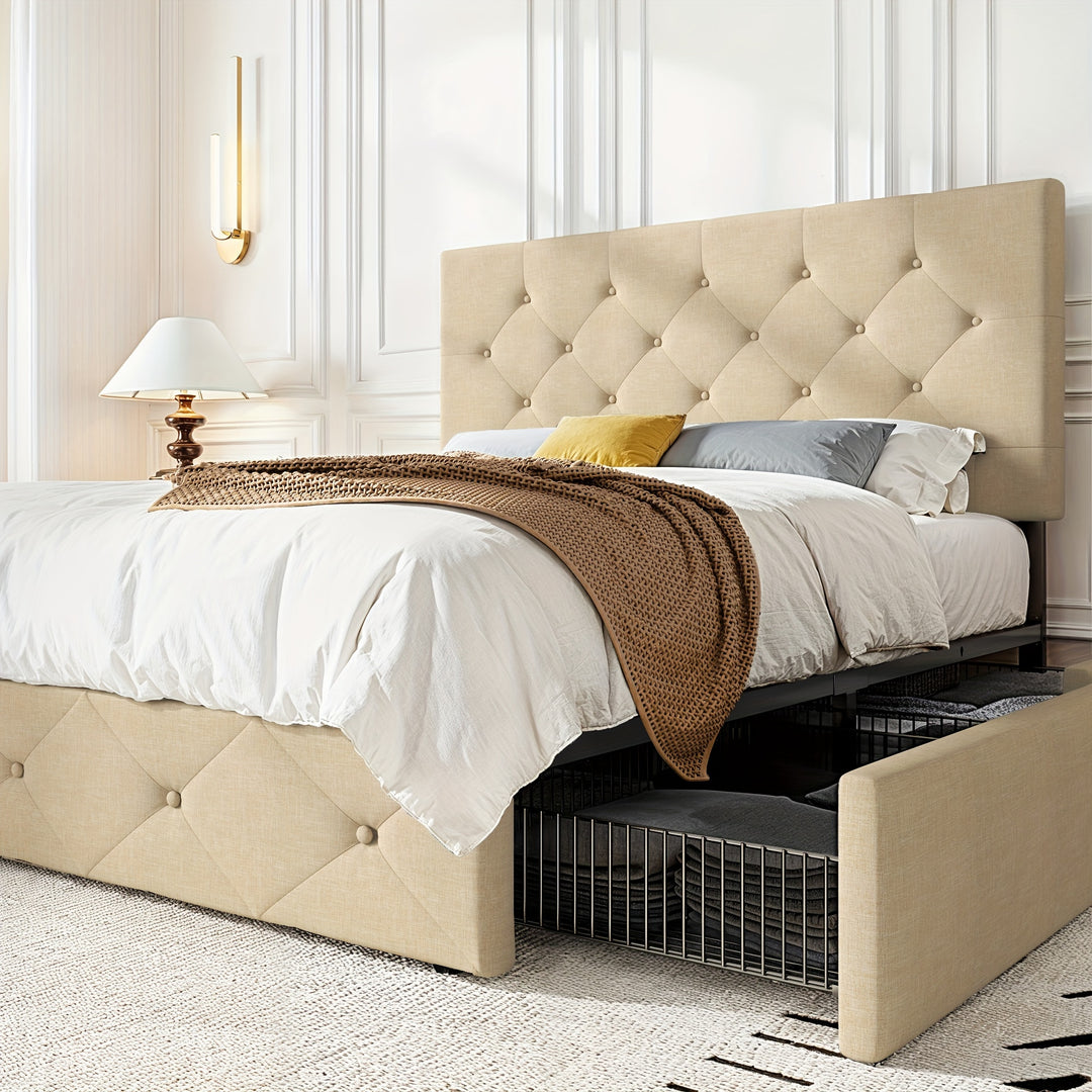 HOOMIC Full/Queen/King Size Platform Storage Bed Frame with 4 Drawers & Adjustable Headboard, Wooden Slats, No Box Spring Needed, Diamond Stitched Button Tufted Design, Noise Free, Easy Assembly