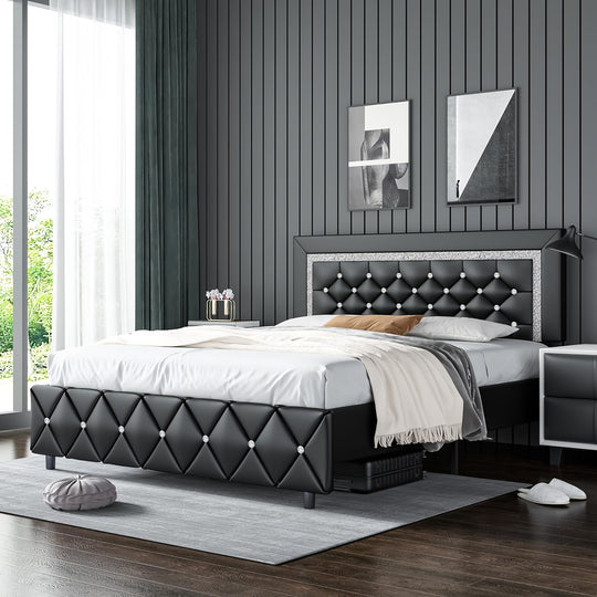 Upholstered Bed Frame  with Diamond Tufted Headboard, Faux Leather Headboard & Footboard, Wooden Slats Support, No Box Spring Needed, Easy Assembly, Black