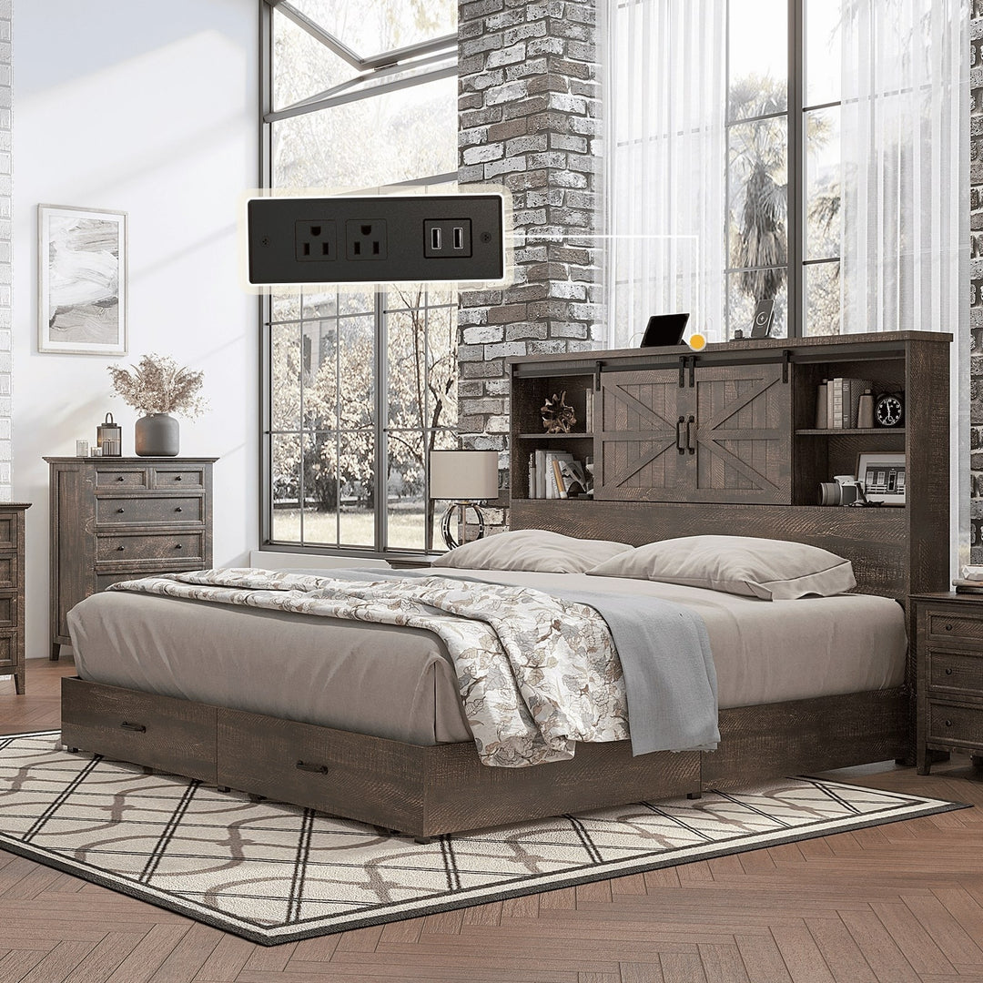 Farmhouse-Style Wooden Platform Bed Frame Boasting a 51.2" Bookcase Headboard, Integrated Storage with a Sliding Barn Door Charging Station and 2 Drawers - No Box Spring Required, Totally Noise-Free