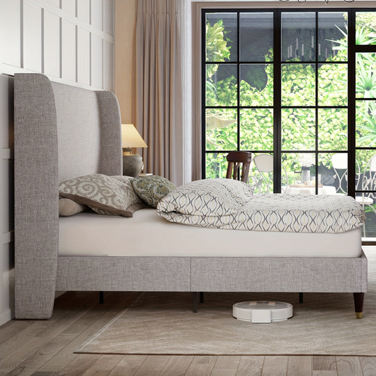 PaPaJet Linen Upholstered Platform Bed Frame with Wingback Headboard, No Box Spring Needed