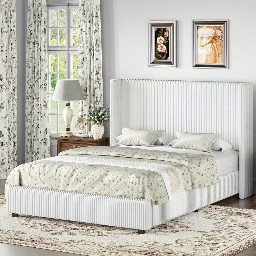 Upholstered Bed Frame, Corduroy Platform Bed With Vertical Channel Tufted Headboard, Soft Low Profile Bed, No Box Spring Needed, Easy Assembly