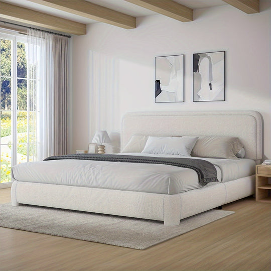 Upholstered Platform Bed Frame, Modern Style, Soft Rounded Corners, Noise Free, Easy Assembly, Off White Boucle