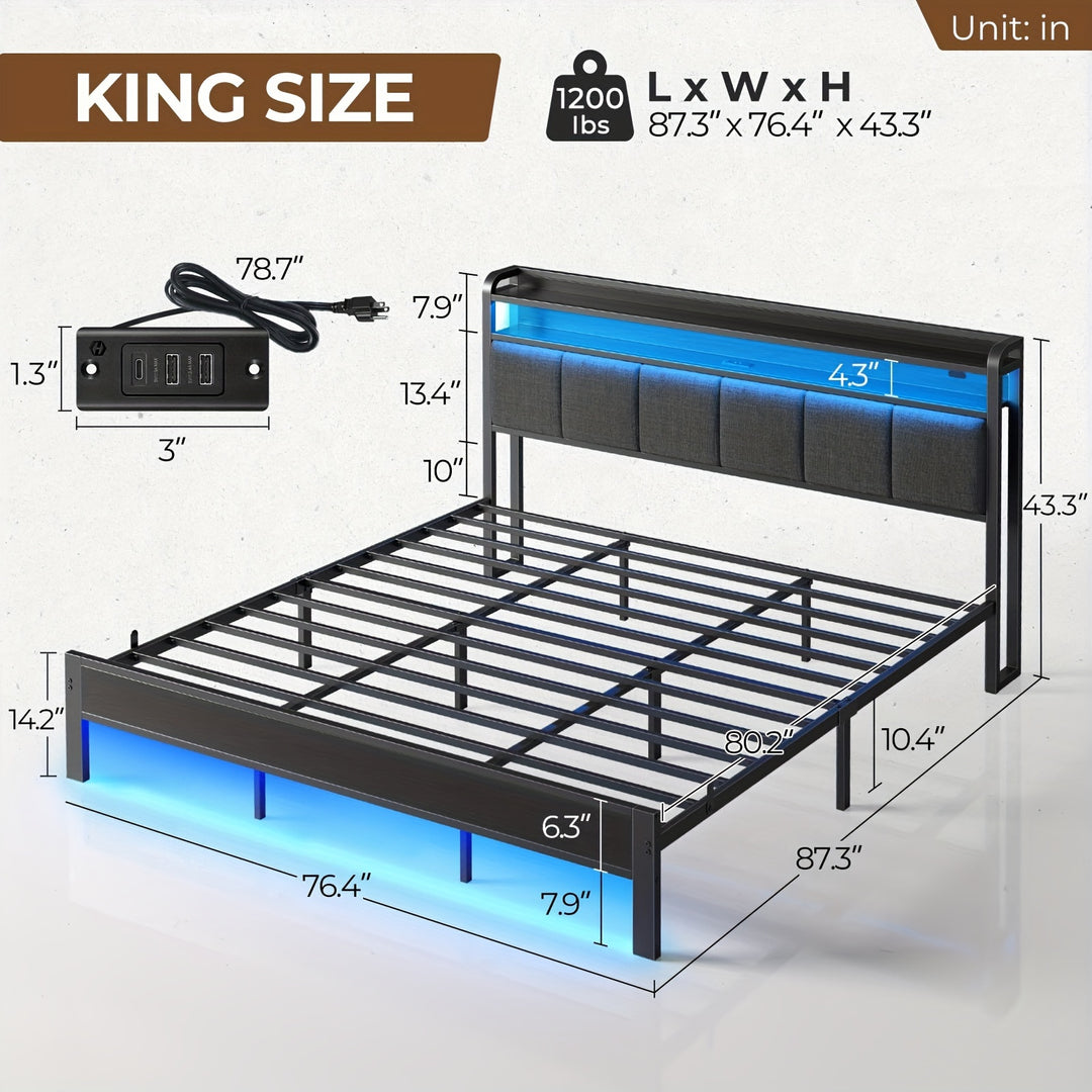 Twin/Full/King/Queen Size Bed Frame Avaliable, Bed Frame With Charging Station And Storage Headboard, Upholstered Bed With Heavy Duty Wood Slats, No Box Spring Needed, Noise Free, Easy Assembly