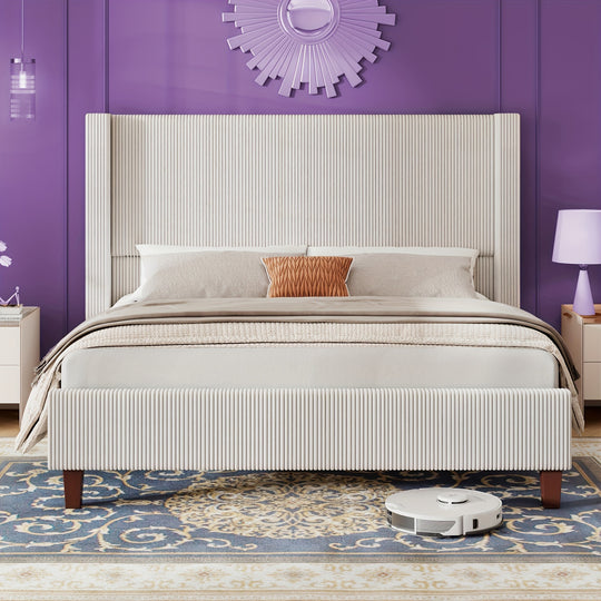 50.8" Upholstered Platform Bed Frame, Corduroy Bed Frame with Wingback Headboard with Solid Wood Legs, No Box Spring Needed