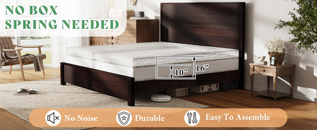 Rustic Solid Wood Platform Bed Frame With Spliced Headboard, Noise-Free Slat Support, No Box Spring Needed