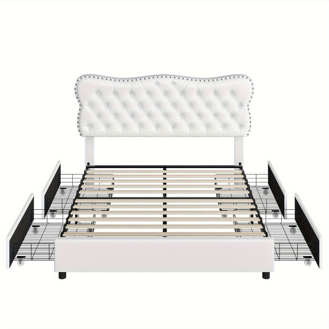 FULTRU Full/Queen/King Bed Frame with 4 Storage Drawers, Upholstered Platform Bed Frame with Button Tufted Headboard, Heavy Duty Mattress Foundation with Wooden Slats, No Box Spring Needed