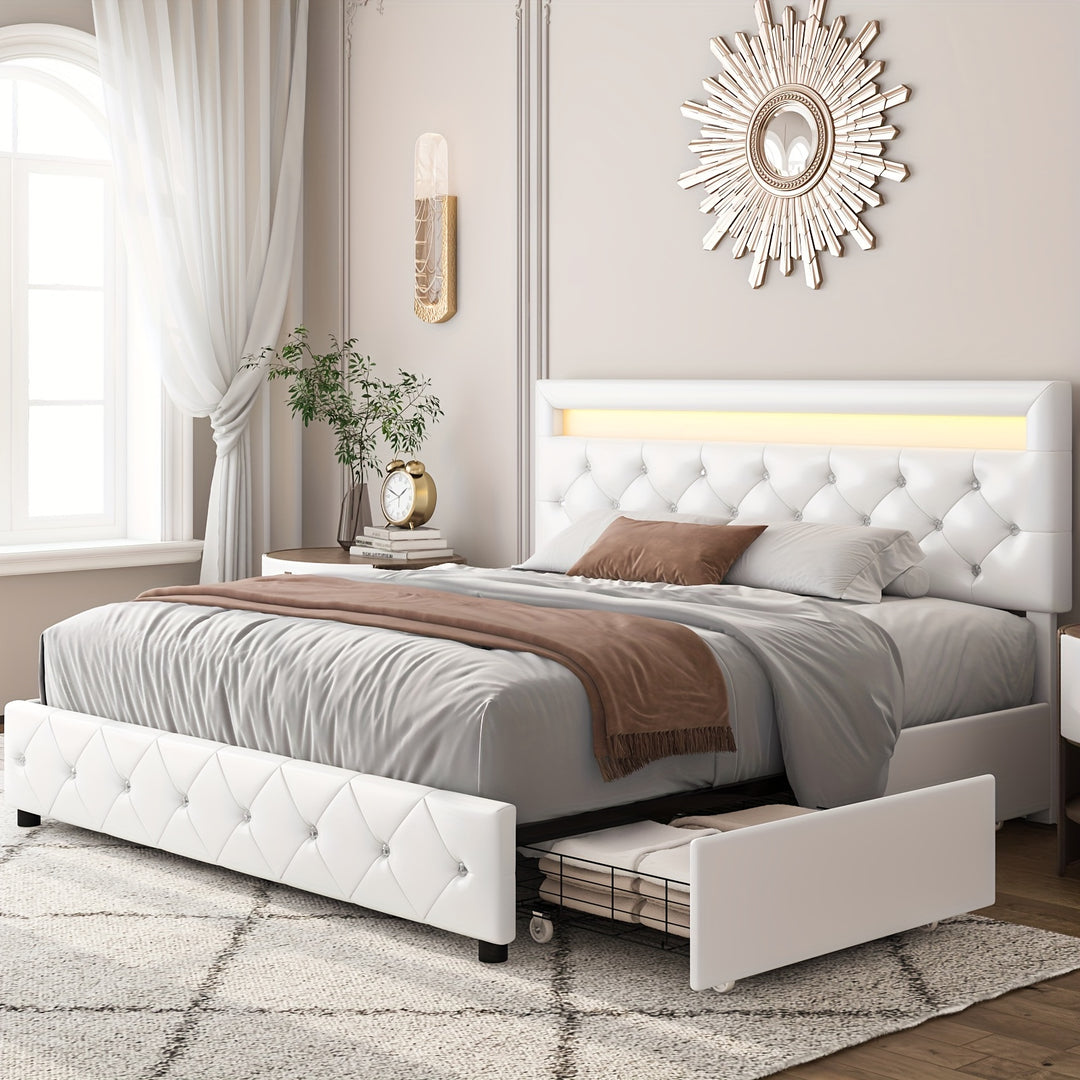 Full/Queen/King Size Upholstered Bed Frame With LED Lights Headboard And 4 Storage Drawers, Platform Bed With Crystal Button Tufted Headboard, No Box Spring Needed, Faux Leather/Velvet Fabric, White/Black/Velvet Beige