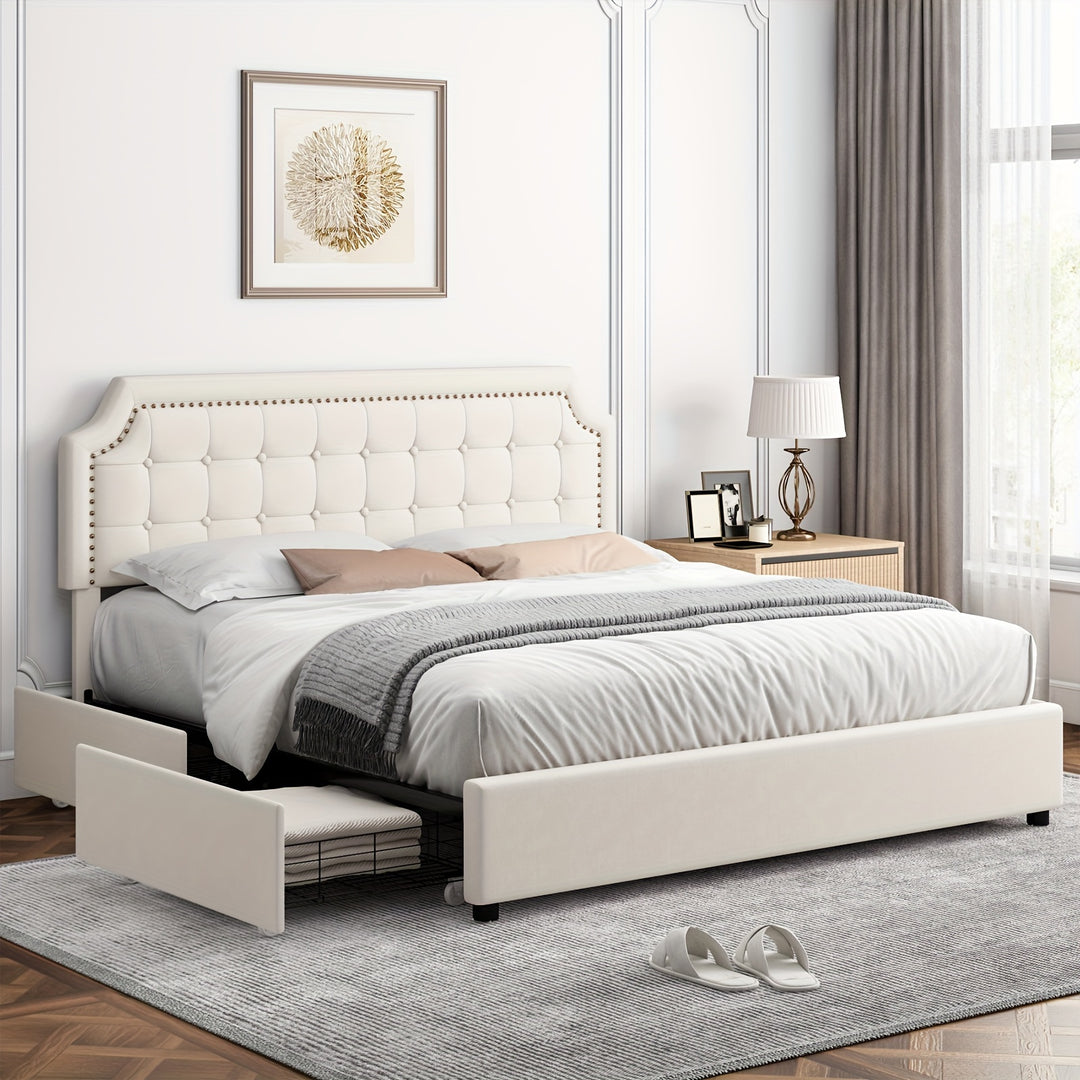 Upholstered Bed Frame with Storage Drawers, Platform Bed with Curved Button Tufted Headboard with Nailhead Trim, Solid Wooden Slats Support, No Box Spring Needed, Beige, White, Black, Full, Queen, King